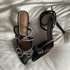 BCBGeneration Black Satin Heels with Rhinestone Accents